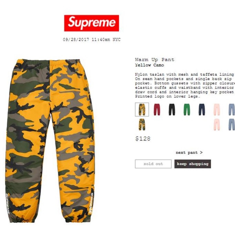 Yellow camo supreme warm up pants